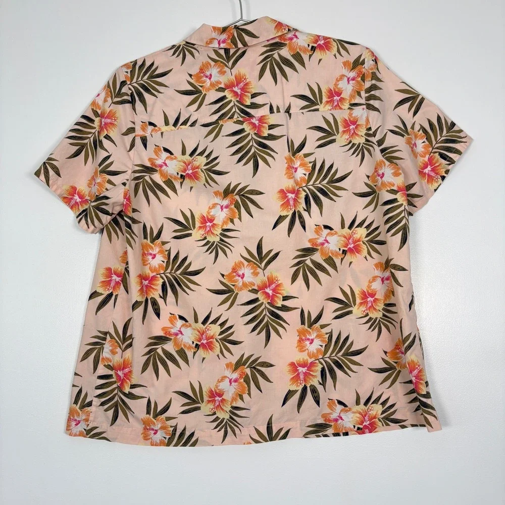 Lands' End Women Top L Peach Pink‎ Tropical Hibiscus Floral Short Sleeve Cotton